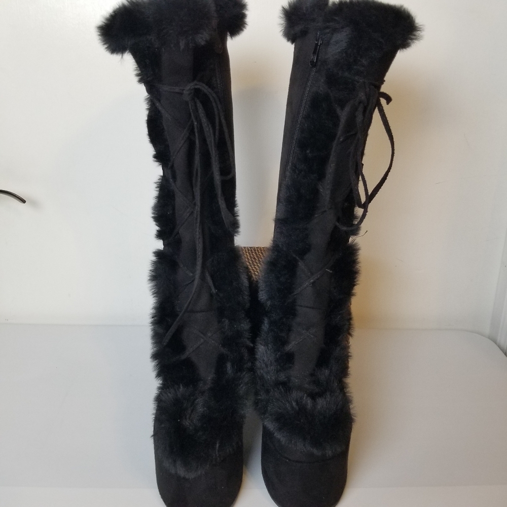 Black Winter Faux Fur Lace Front Side Zip Platform Heel Knee High Boot NWOT - Picture 4 of 12